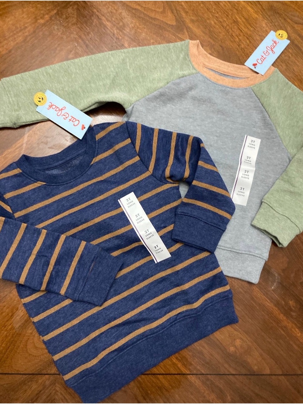 Cat & Jack Navy & Tan Striped Sweatshirt + Gray, Green & Tan Raglan Set